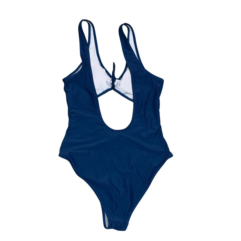 Cupshe Cutout Tie Front One Piece Swimsuit Women Large Navy Teal Blue EUC Ruched
